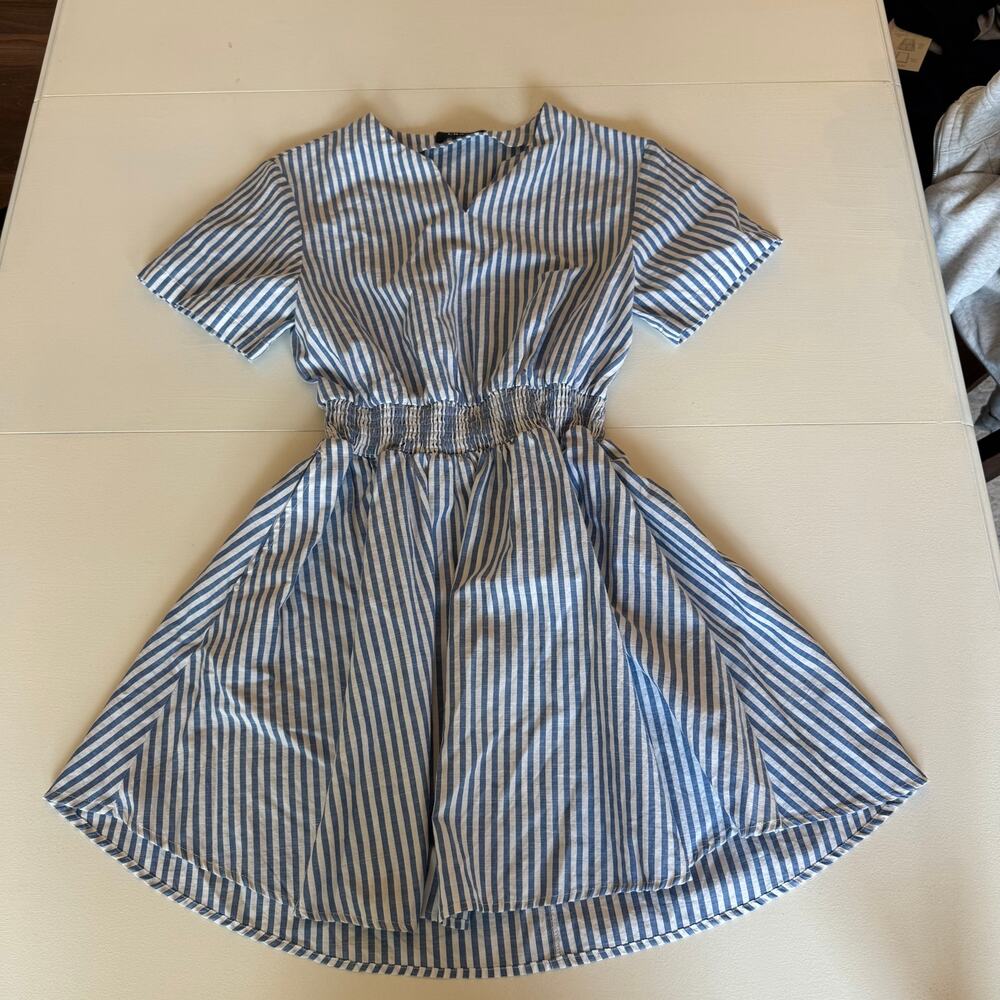 Cider Blue White Stripe V-Neck Short Sleeve Shirt Dress Cinch Waist Size Small